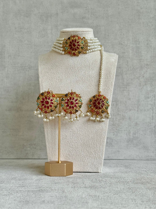 Ayura Designs Mahira Choker Set with Earrings & Tikka – Multicolour Meenakari, Pearls & Antique Gold Finish