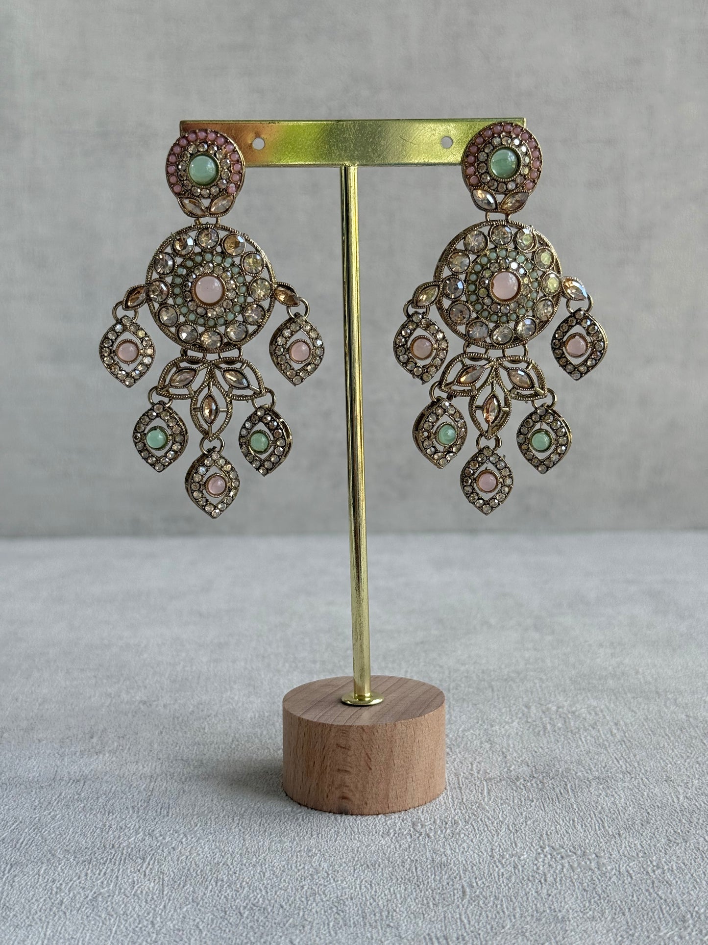 Ayura Designs Vanika Earrings – Mint Green, Blush Pink & Champagne Crystal Gold Finish