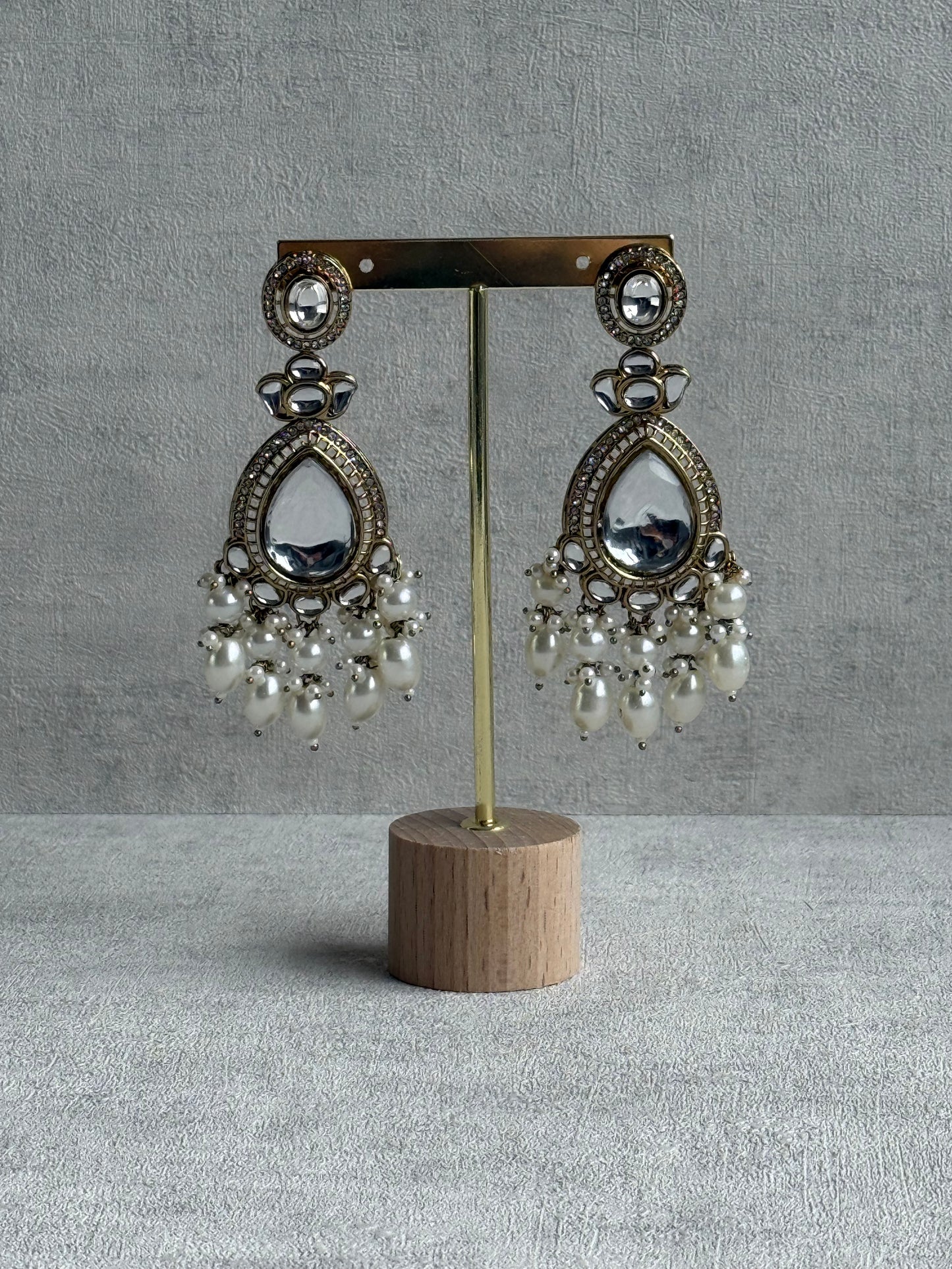 Ayura Designs Nageen Earrings – Antique Gold Jhumkis with Mirror-Cut Stones & Ivory Pearl Drops