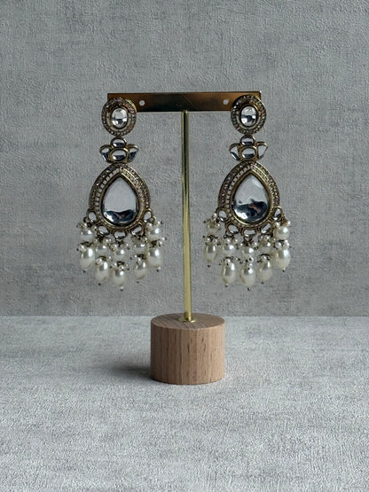 Ayura Designs Nageen Earrings – Antique Gold Jhumkis with Mirror-Cut Stones & Ivory Pearl Drops