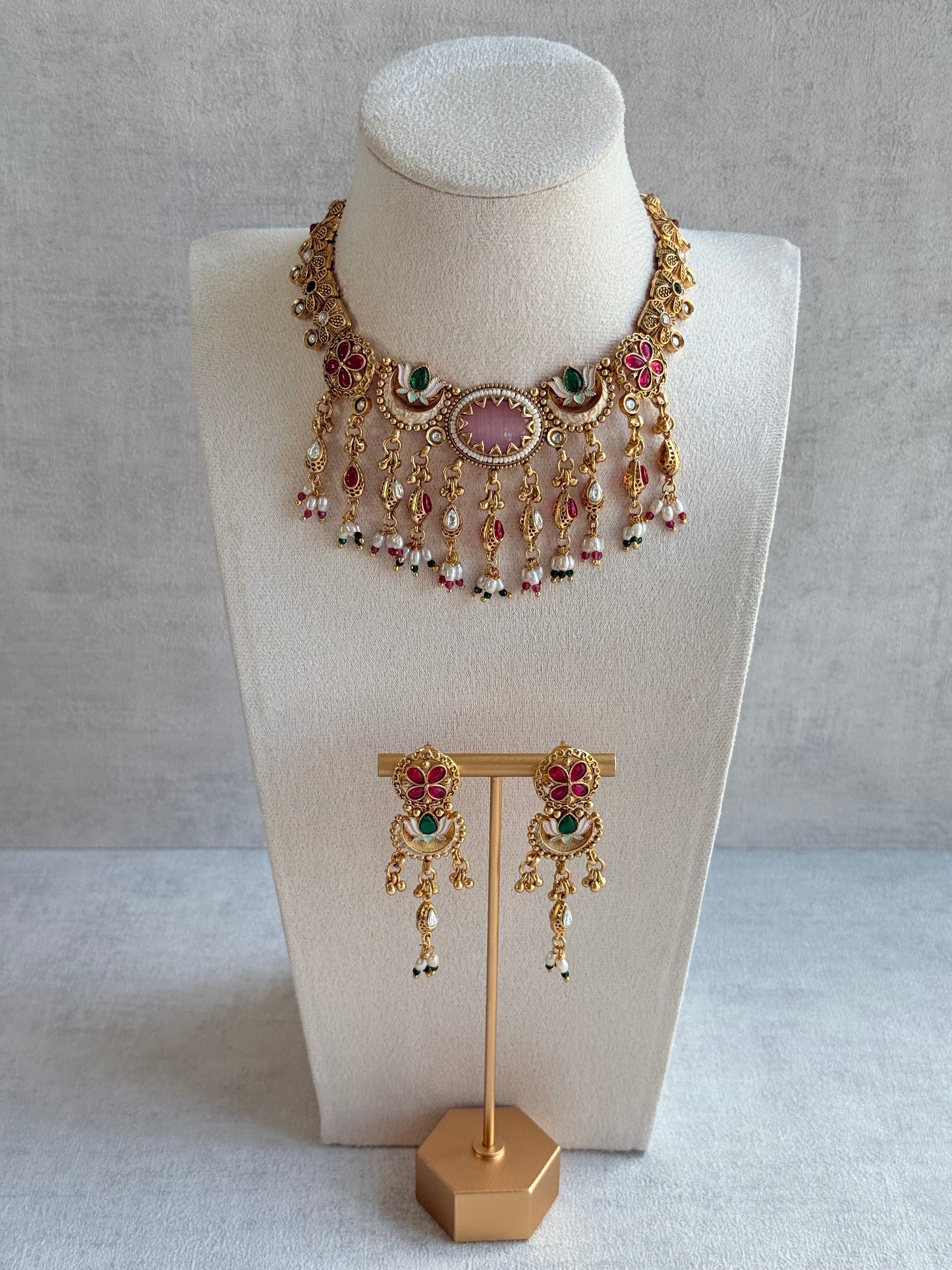 Ayura Designs Aavya Necklace Set – Blush Pink & Emerald Green Kundan Meenakari Design