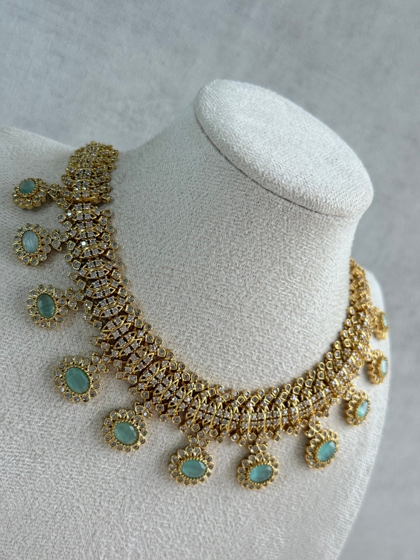 Ayura Designs Elisha Necklace Set with Earrings – Mint Green & Crystal Stone Detailing