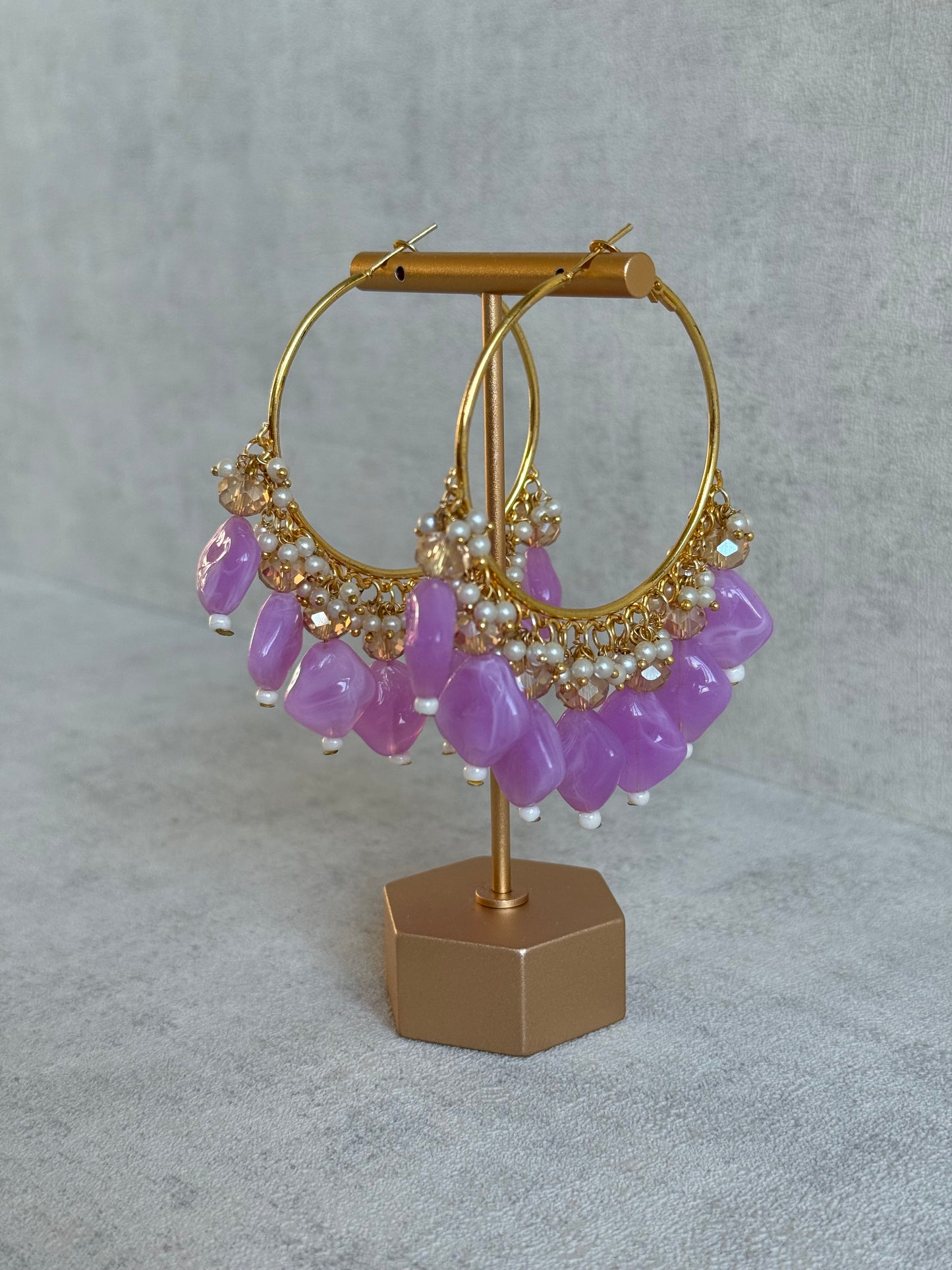 Ayura Designs Heer Balis – Gold Hoops with Lilac Marble Beads, Pearls & Crystal Detailing
