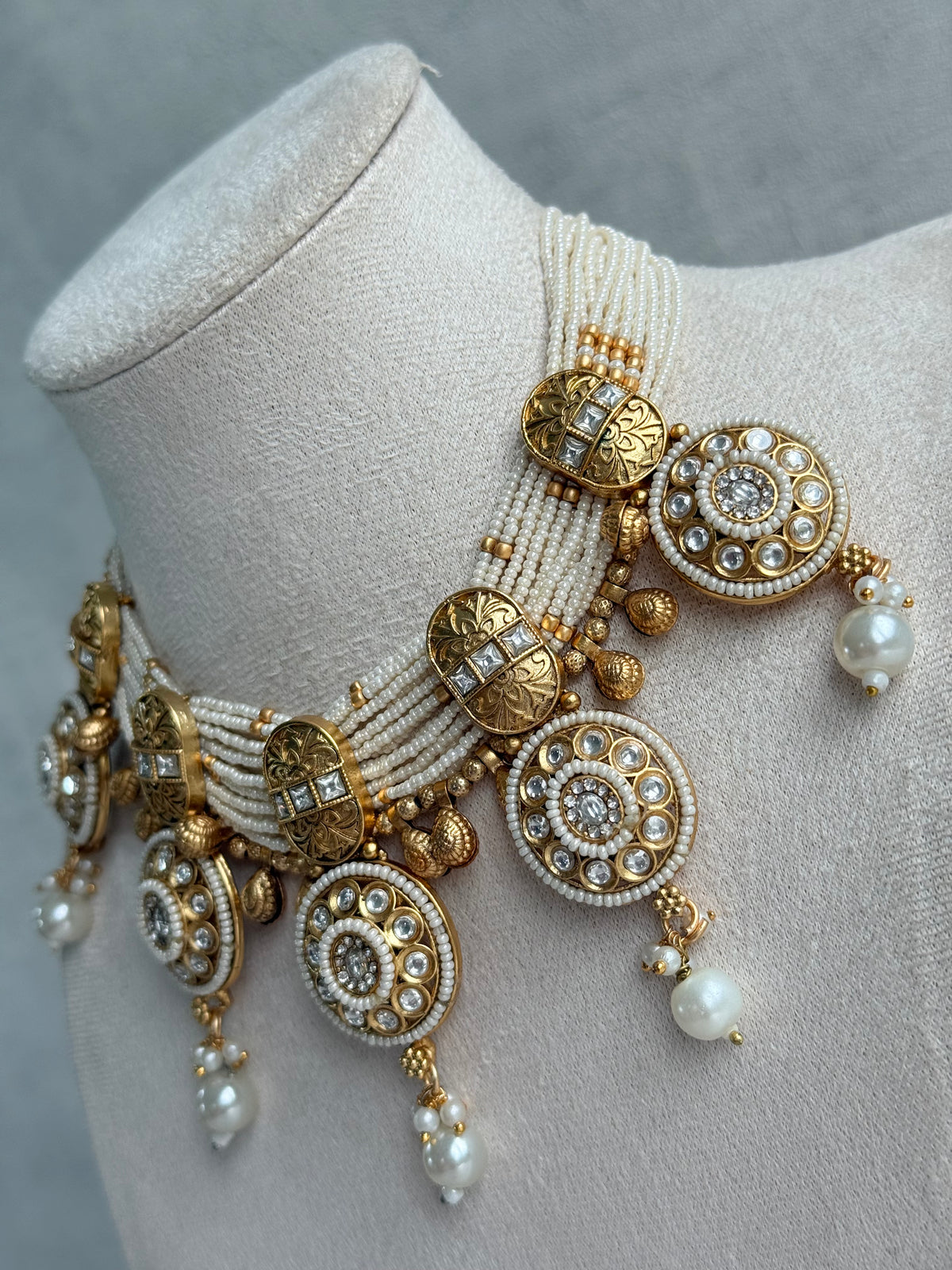 Ayura Designs Kesar Necklace Set with Jhumkis – Multi-Strand Ivory Pearl Design, Kundan Stones & Gold Finish