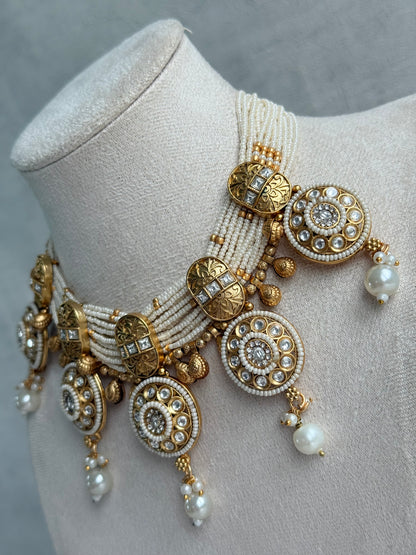 Ayura Designs Kesar Necklace Set with Jhumkis – Multi-Strand Ivory Pearl Design, Kundan Stones & Gold Finish