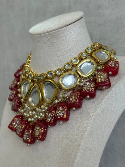 Ayura Designs Omika Set With Necklace And Earrings – Kundan Stones And Ruby Red Meenakari Drops