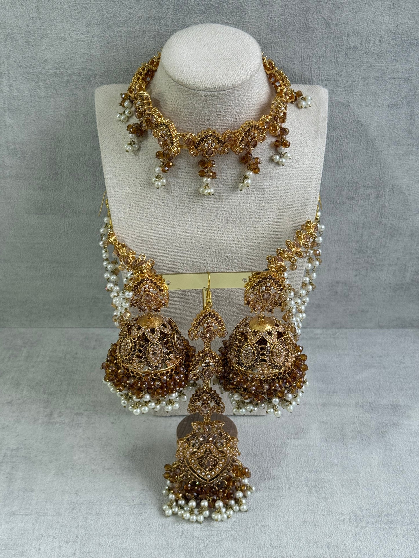 Ayura Designs Noor Set – Choker, Jhumkis with Sahare & Tikka in Champagne Gold with Pearl Detailing
