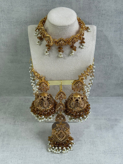 Ayura Designs Noor Set – Choker, Jhumkis with Sahare & Tikka in Champagne Gold with Pearl Detailing