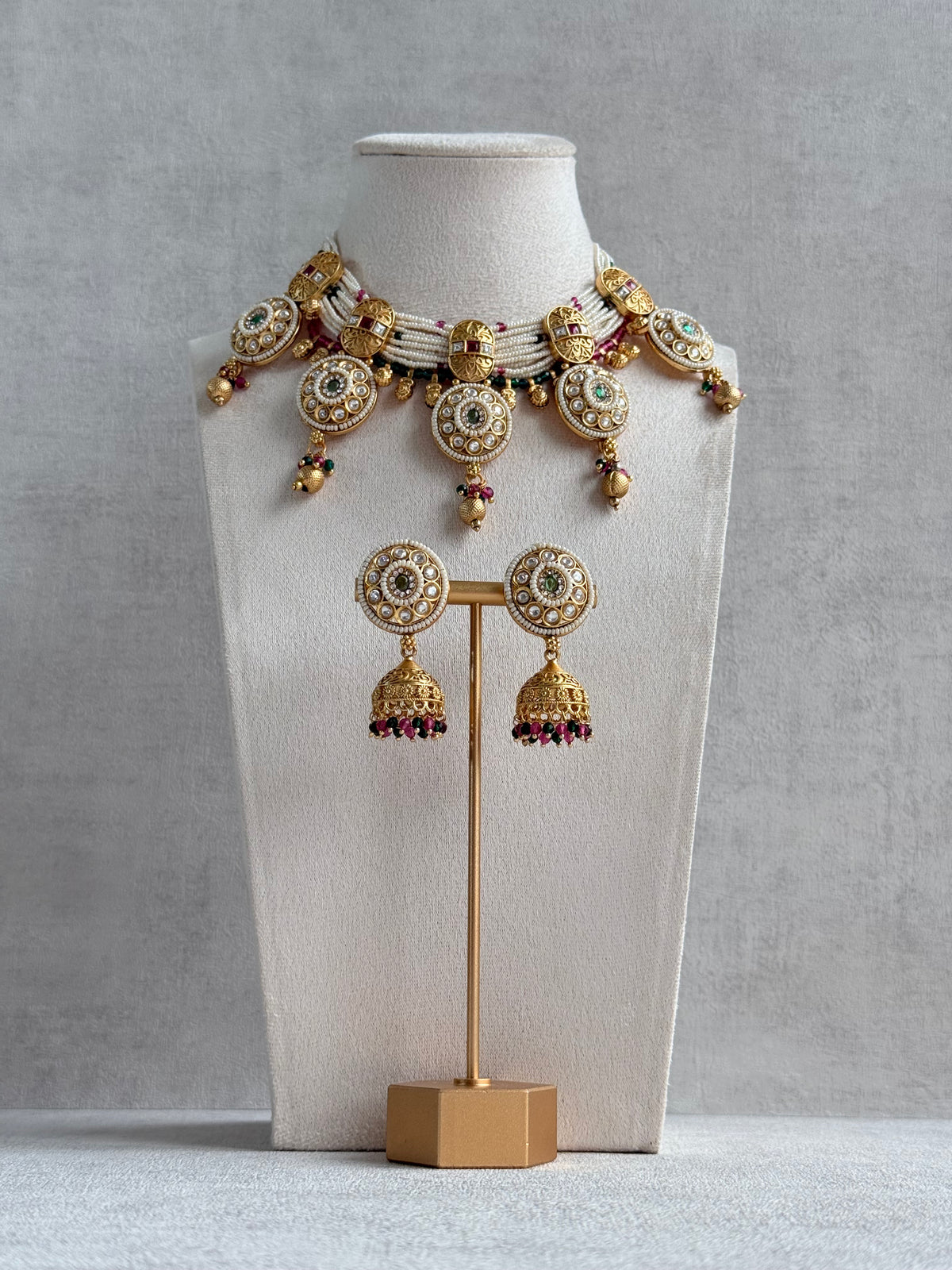 Ayura Designs Kesar Necklace Set with Jhumkis – Multi-Strand Pearl Design, Kundan, Rani Pink & Green Stones & Gold Finish