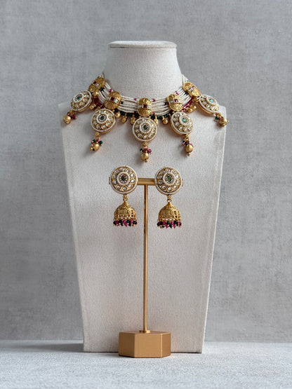 Ayura Designs Kesar Necklace Set with Jhumkis – Multi-Strand Pearl Design, Kundan, Rani Pink & Green Stones & Gold Finish