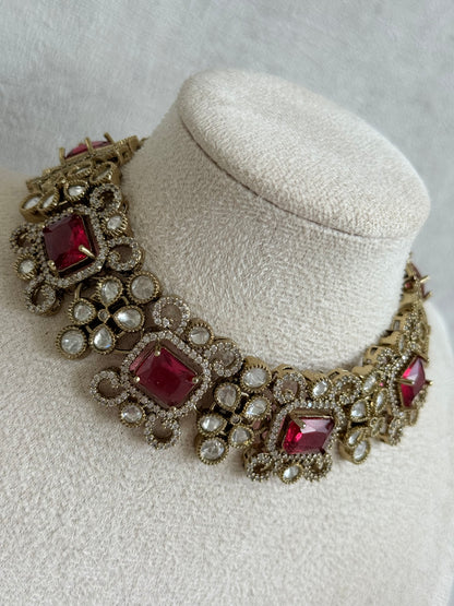 Ayura Designs Celine Necklace Set with Earrings – Moissanite Ruby Rose Statement Set