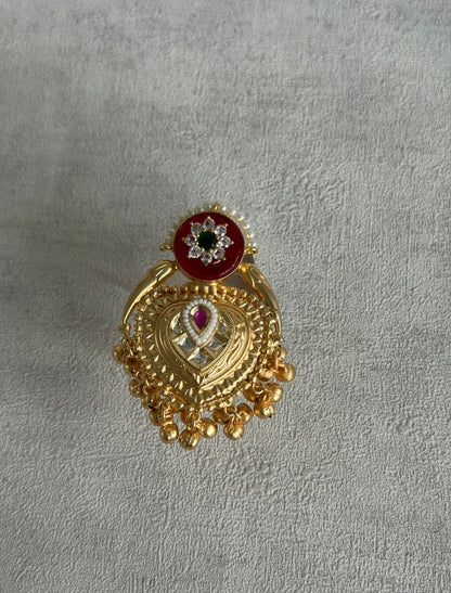 Ayura Designs Sorcha Adjustable Ring – Ruby Red Enamel, Pearl Detailing, Antique Gold & Mirror-Cut Stones