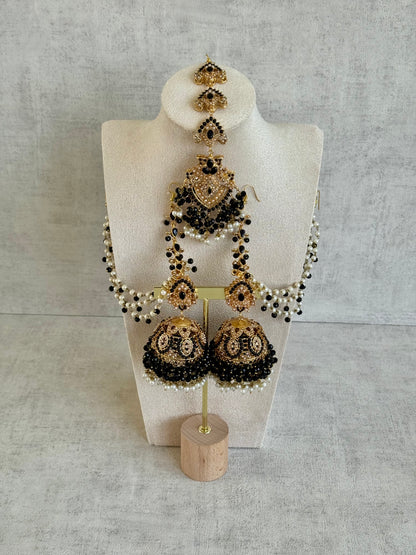 Ayura Designs Safia Tikka Set with Sahare Earrings – Black Beads & Champagne Crystals