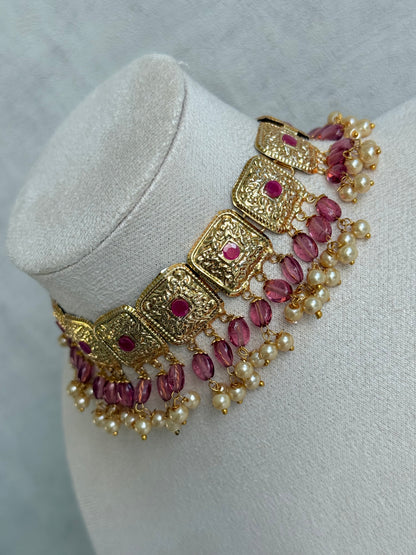 Ayura Designs Chetna Choker Set with Earrings & Tikka – Rani Pink Beads, Cream Pearl Drops with Pipal Patti Detailing