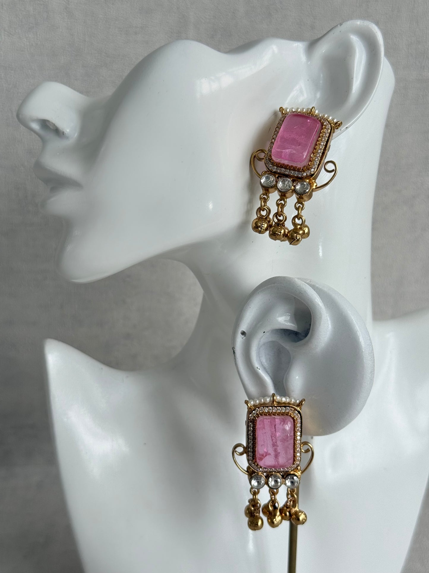 Ayura Designs Aleena Earrings – Blush Pink Stone Stud Earrings with Pearls & Ghungroo Detailing