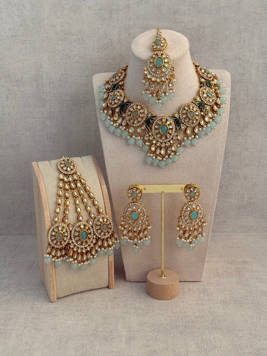 Ayura Designs Zara Set with Necklace, Earrings, Tikka & Passa – Antique Gold with Kundan Detailing & Aqua Blue Beads