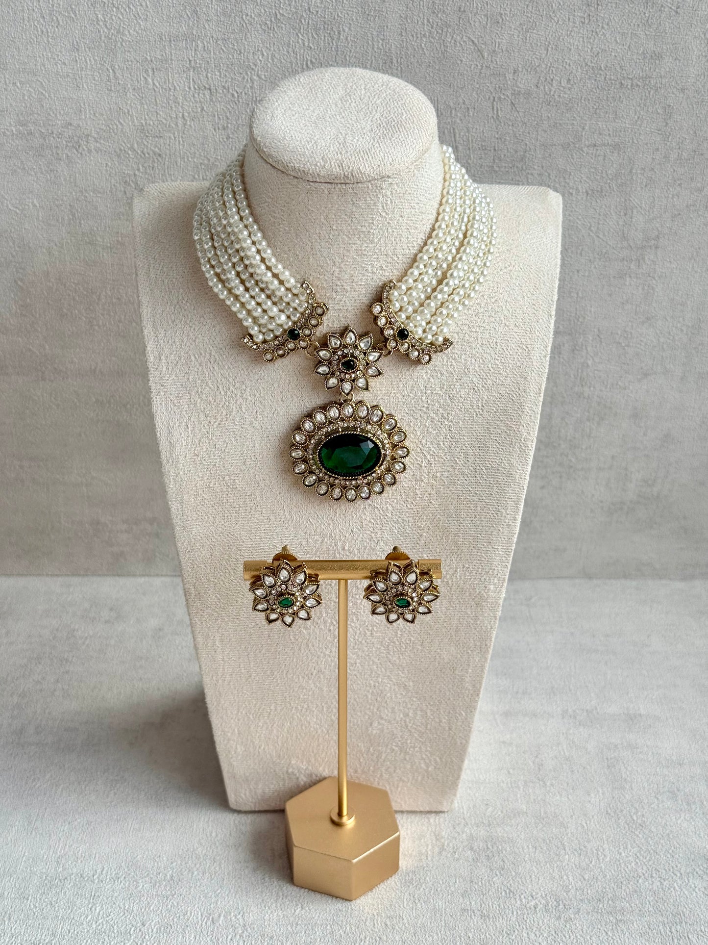 Ayura Designs Amaya Necklace Set with Studs – Antique Finish in Emerald Green Stones with Pearl Strands