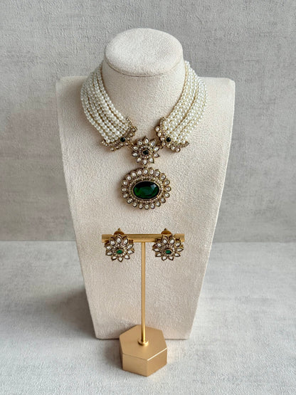 Ayura Designs Amaya Necklace Set with Studs – Antique Finish in Emerald Green Stones with Pearl Strands
