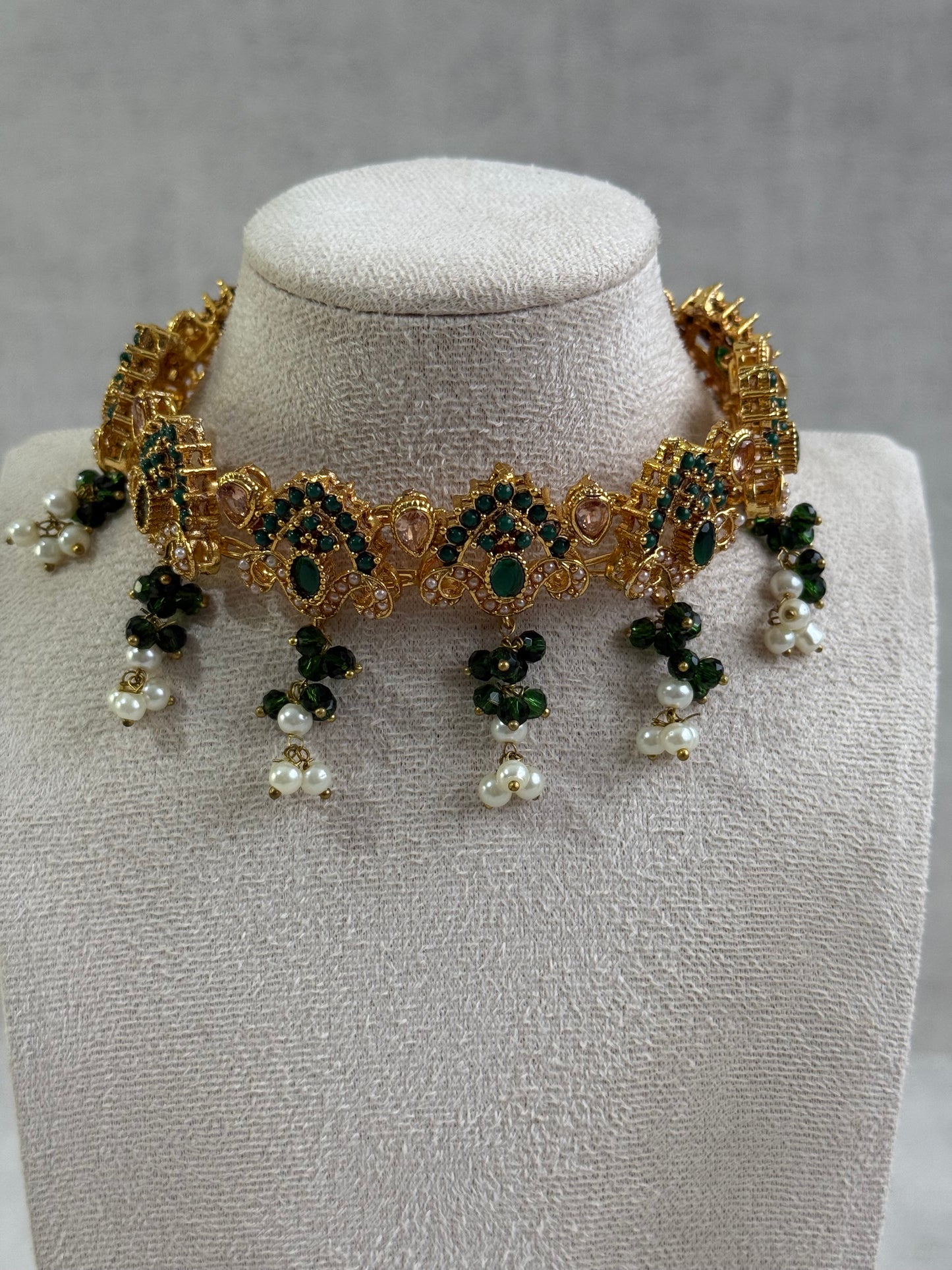 Ayura Designs Noor Set – Choker, Jhumkis with Sahare & Tikka in Emerald Green with Pearl Detailing