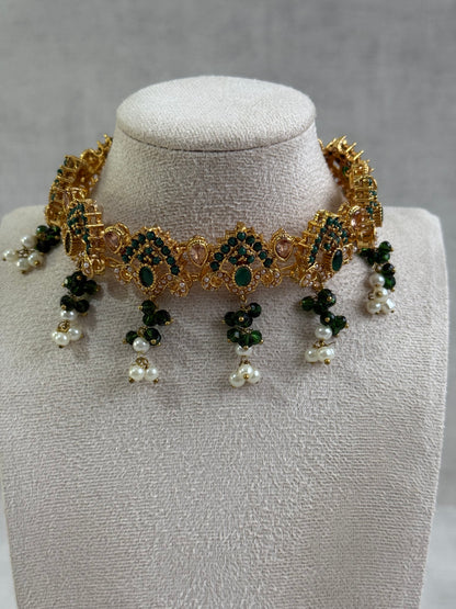 Ayura Designs Noor Set – Choker, Jhumkis with Sahare & Tikka in Emerald Green with Pearl Detailing