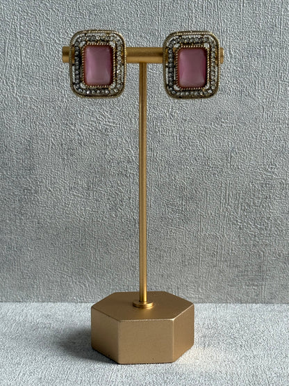Ayura Designs Nabiha Choker Set with Studs – Blush Pink & Multicolour Stones, Pearl Detailing & Antique Gold Finish