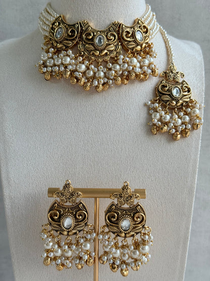 Ayura Designs Sneha Choker Set with Earrings & Tikka – Ivory Beads, Layered Pearl Detailing, Ghungroos & Antique Gold Finish