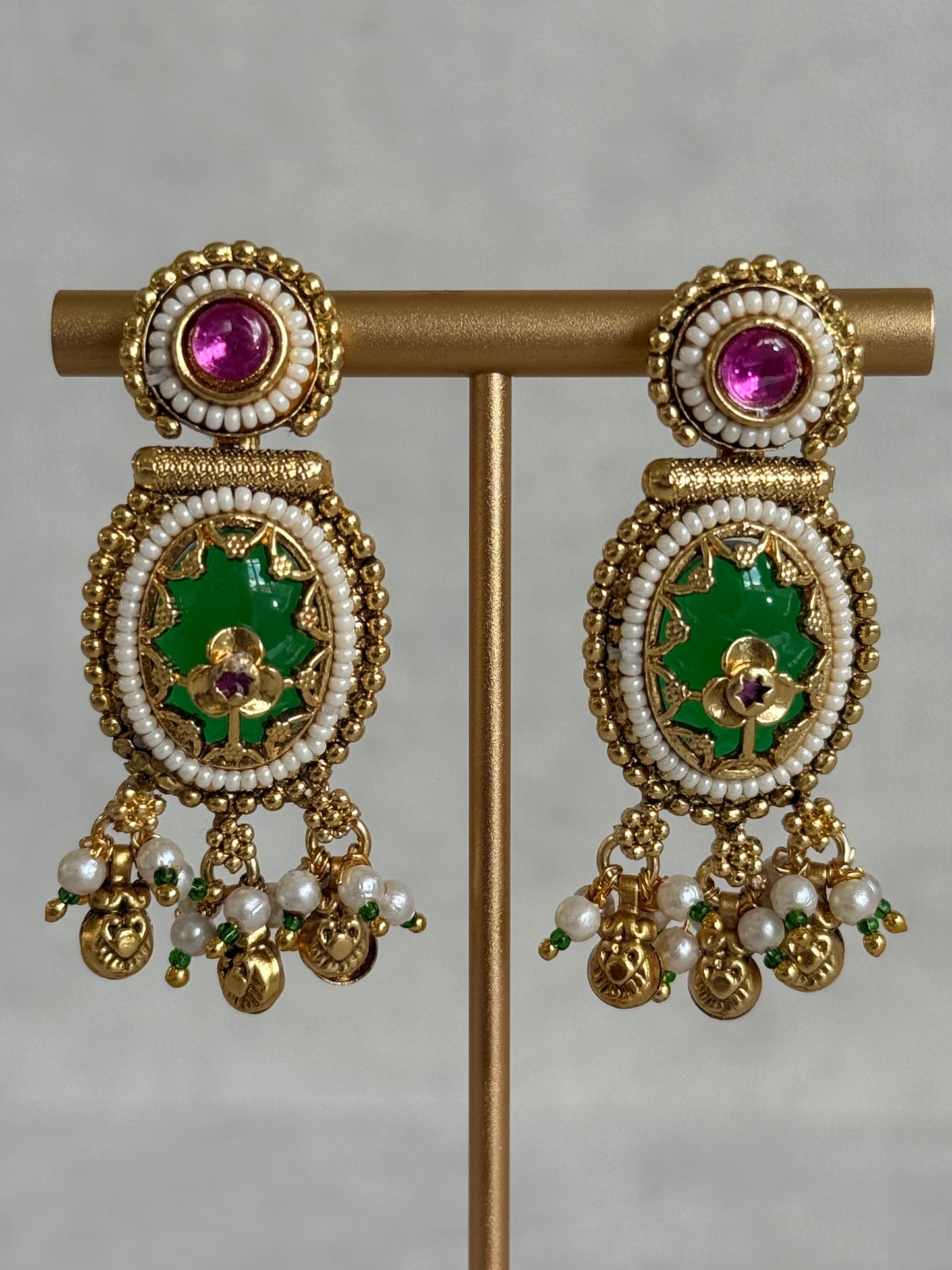 Ayura Designs Enjal Earrings – Emerald Green Enamel, Pearl Beading, Pink Stone & Gold Finish