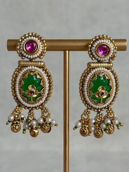 Ayura Designs Enjal Earrings – Emerald Green Enamel, Pearl Beading, Pink Stone & Gold Finish