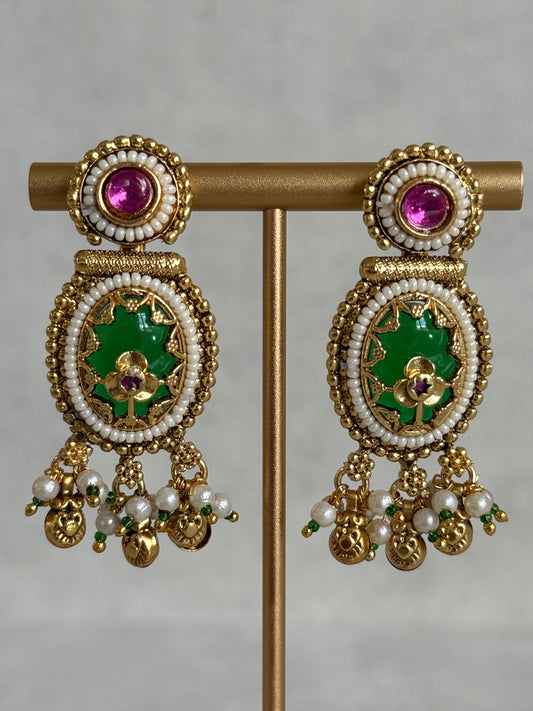 Ayura Designs Enjal Earrings – Emerald Green Enamel, Pearl Beading, Pink Stone & Gold Finish