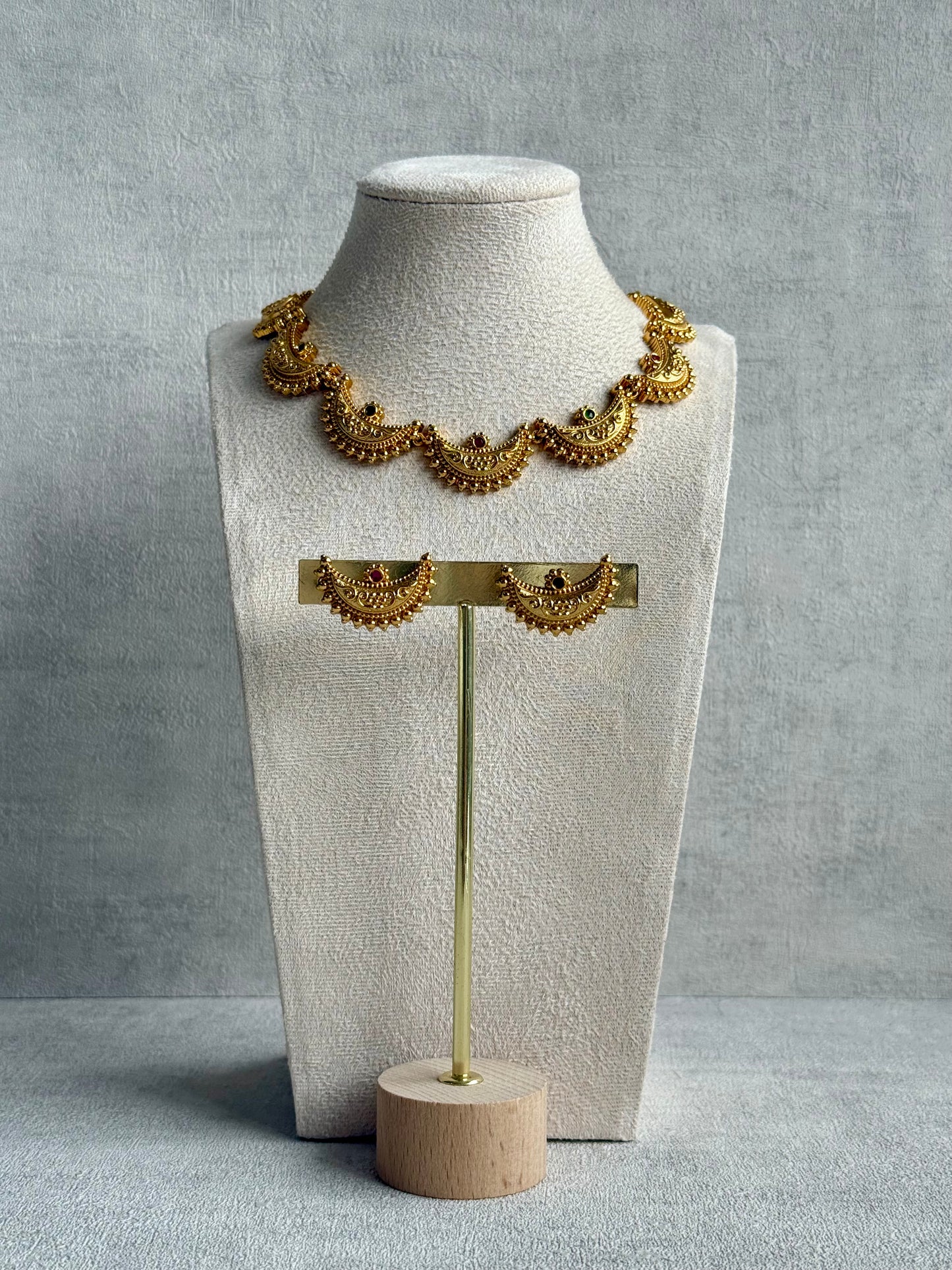 Ayura Designs Dhun Set – Necklace & Earrings with Antique Gold Crescent Motifs, Rani Pink & Emerald Detailing