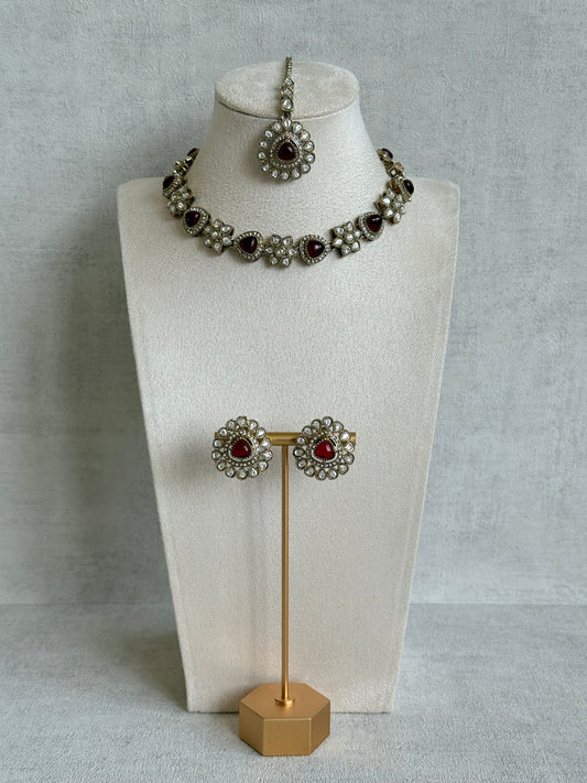 Ayura Designs Ivy Necklace Set with Studs & Tikka – Ruby Red Kundan Detailing