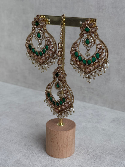 Ayura Designs Damini Tikka Set – Mirror-Cut Kundan Earrings & Tikka with Emerald Green Enamel and Pearl Detailing