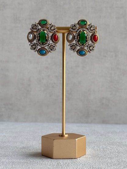 Ayura Designs Celia Stud Earrings – Emerald Green & Multicolour Stones with Gold Finish