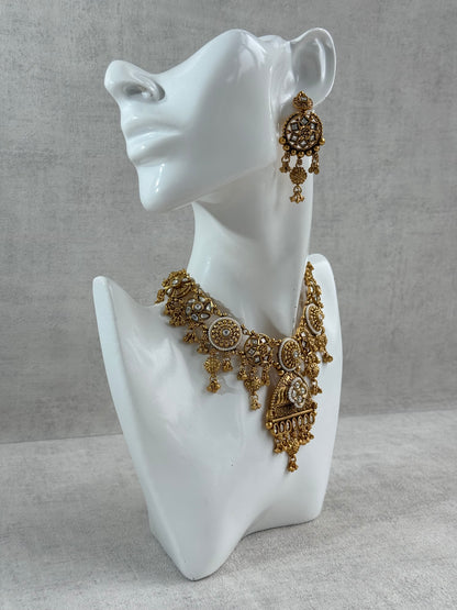 Ayura Designs Kriti Necklace Set with Earrings – Antique Gold Kundan Design with Ivory Pearls & Ghungroo Detailing