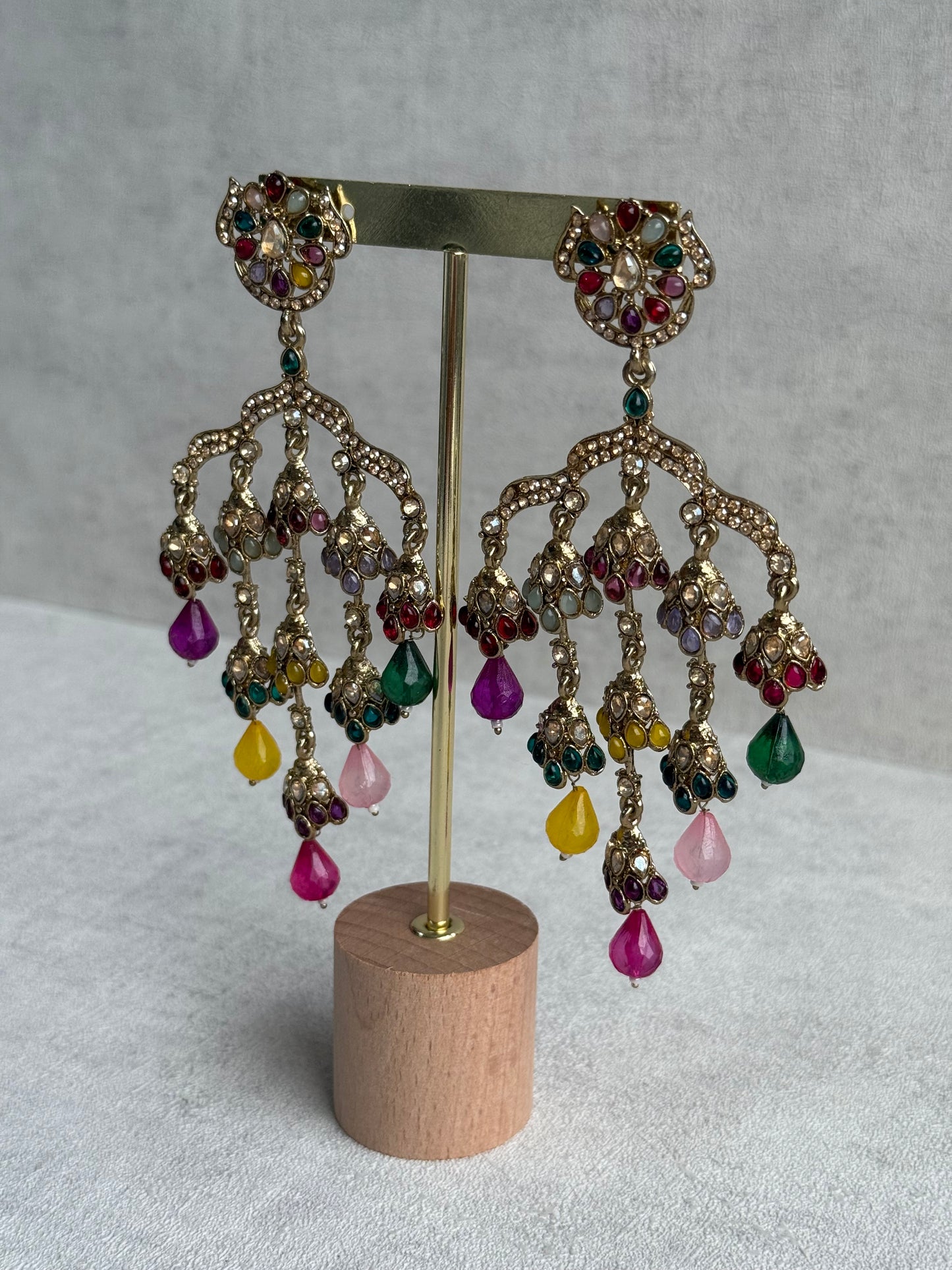 Ayura Designs Jasmine Earrings – Chandelier Earrings with Multicolour Beads & Antique Gold Detailing