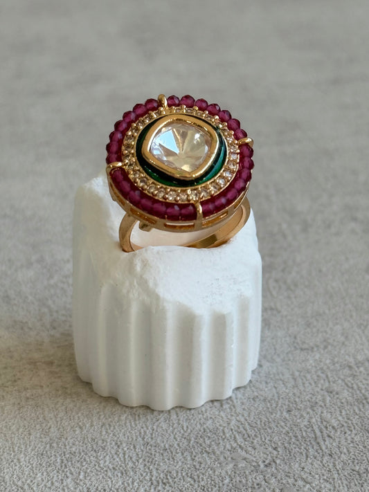 Ayura Designs Roselle Adjustable Ring – Moissanite Centre with Crystal Border & Rani Pink Beads