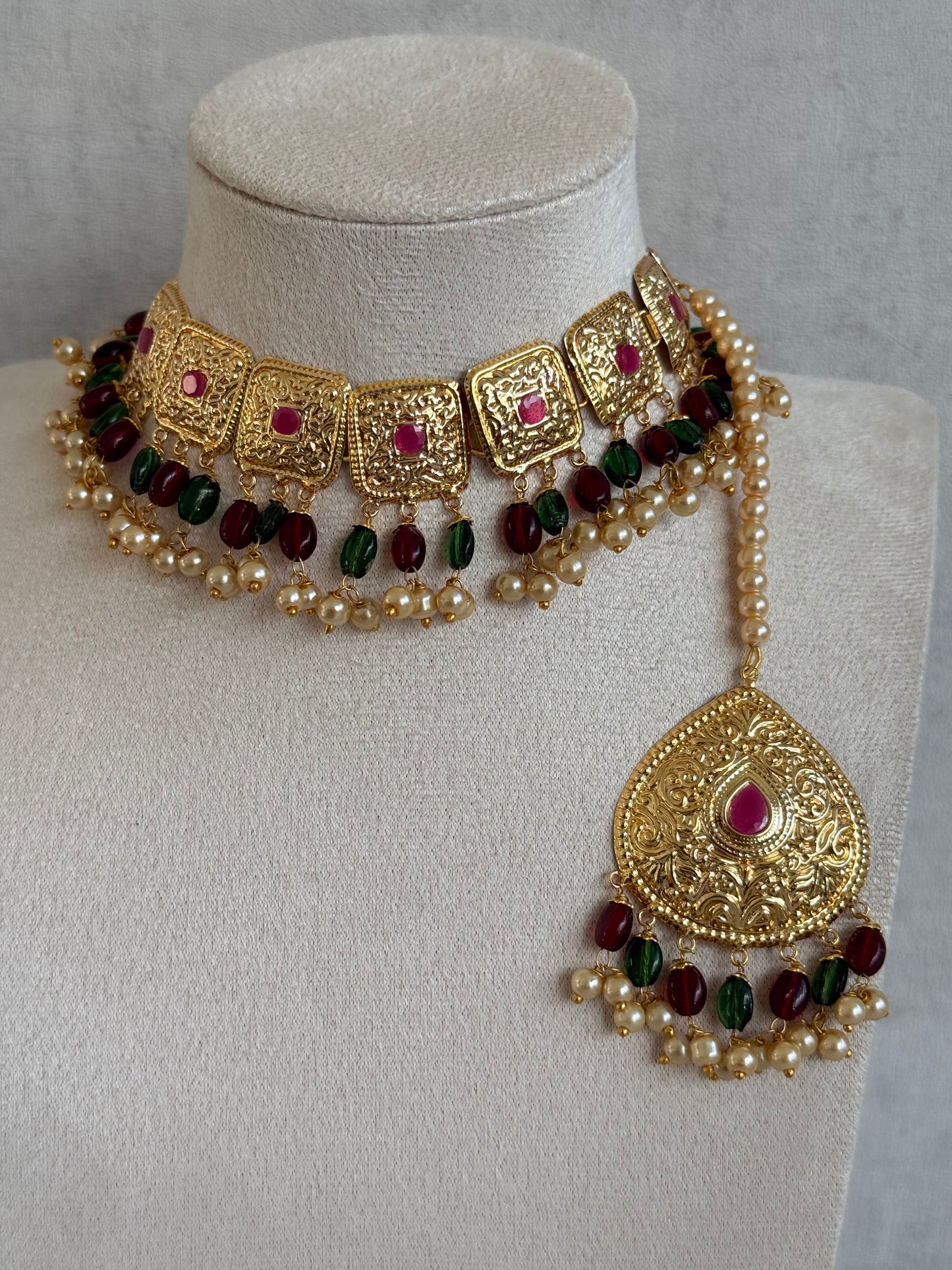 Ayura Designs Chetna Choker Set with Earrings & Tikka – Maroon & Emerald Green Beads, Cream Pearl Drops with Pipal Patti Detailing