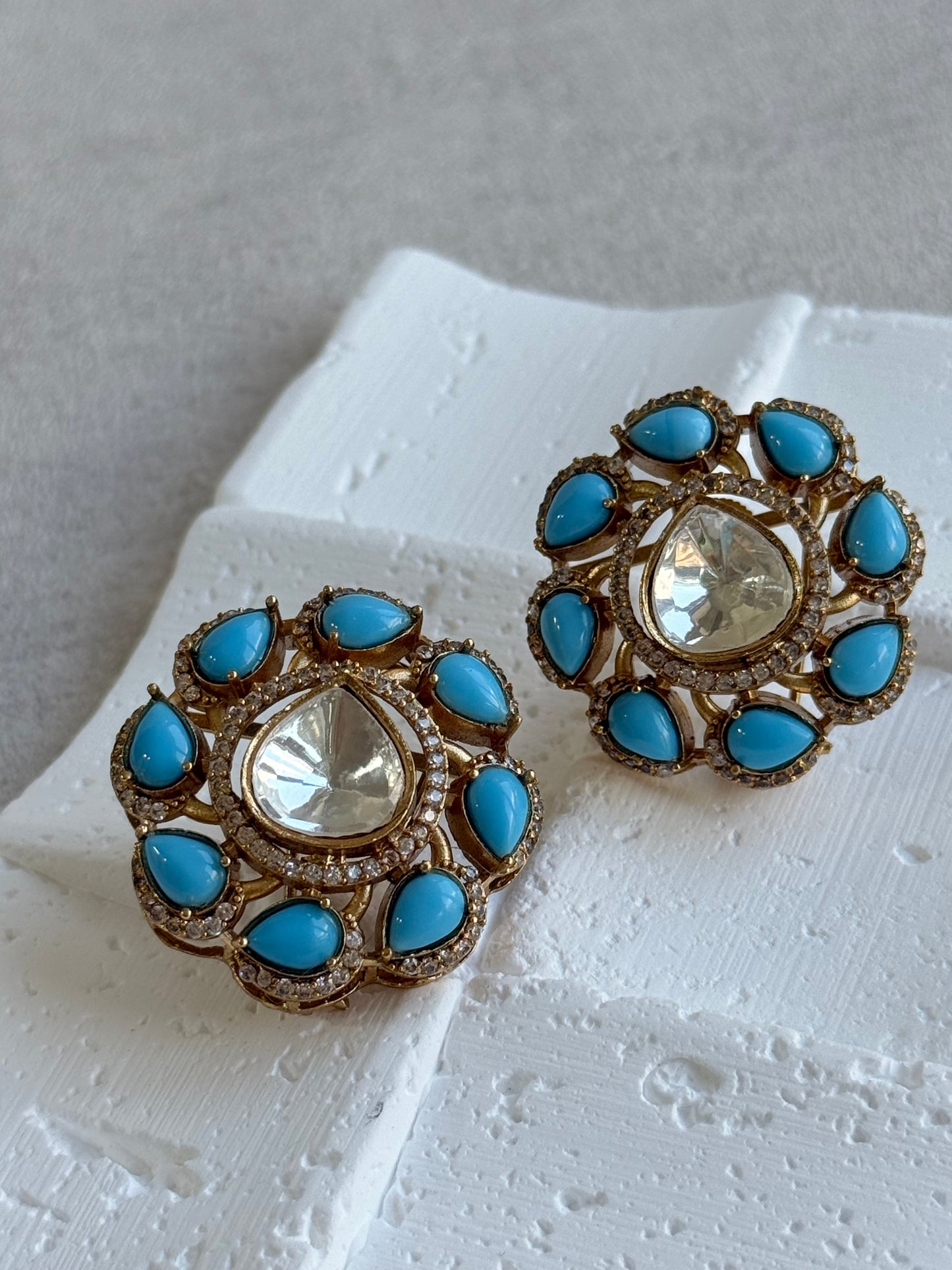Ayura Designs Giana Stud Earrings – Turquoise Blue & Crystal Kundan with Gold Finish