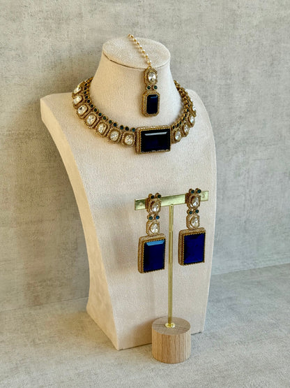 Ayura Designs Clara Set with Earrings & Tikka  – Royal Blue Stones with Moissanite and Antique Gold Finish