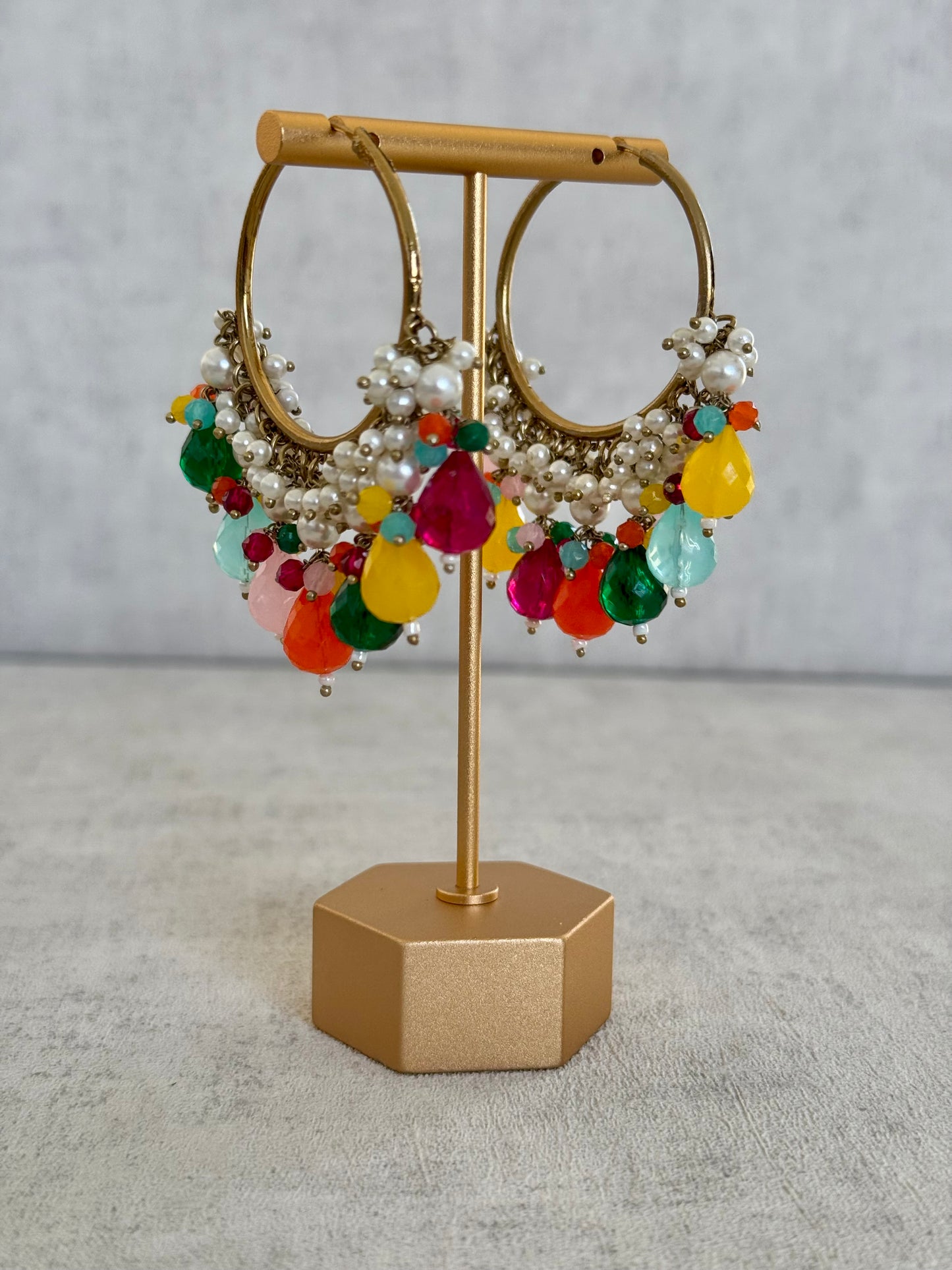 Ayura Designs Jhanak Balis – Multicolor Gemstone & Pearl Hoops