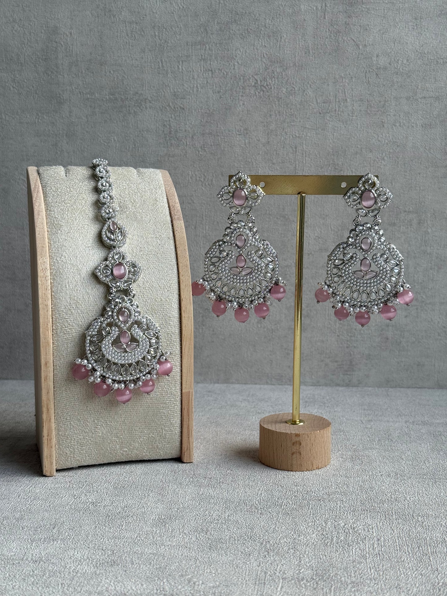 Ayura Designs Zarlish Set – Choker, Earrings & Tikka with Mirror-Cut Stones, Blush Pink Beads & Silver Finish