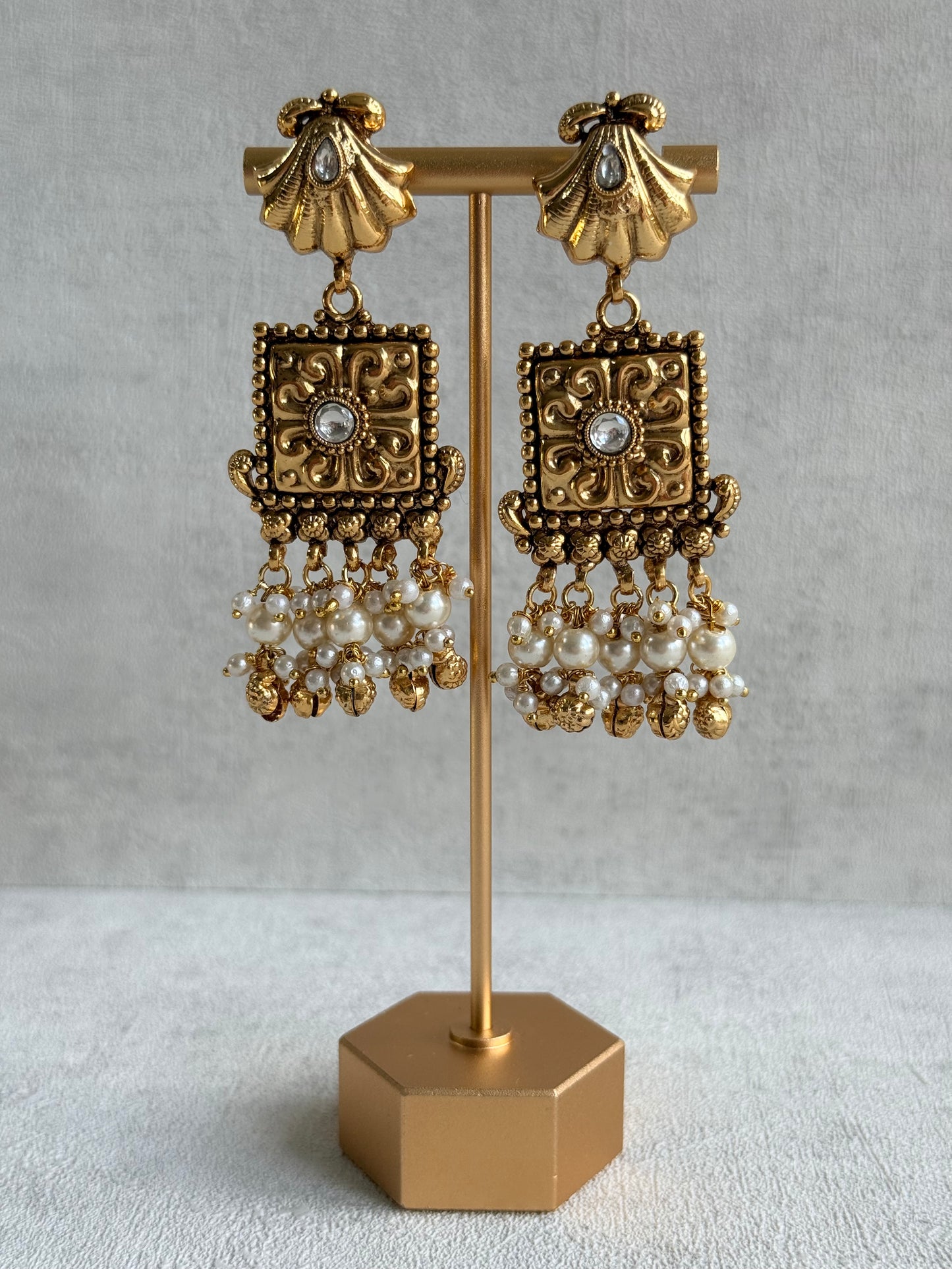 Ayura Designs Nabila Choker Set with Earrings & Tikka – Antique Gold Finish, Sea Shell Detailing, Pearls & Ghungroos