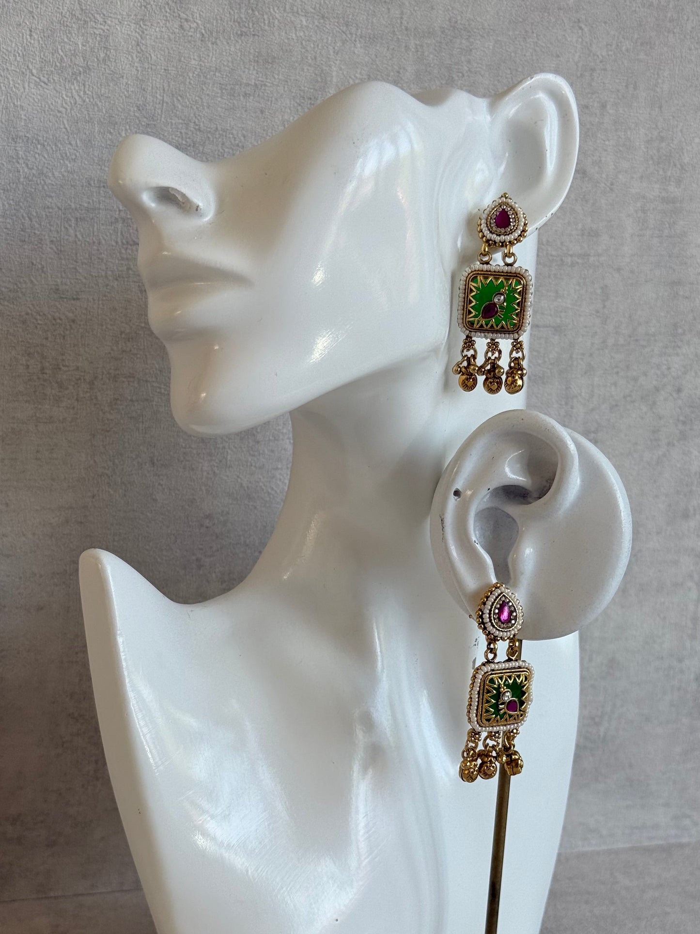 Ayura Designs Inira Drop Earrings – Emerald Green Enamel Bird Earrings with Rani Pink Kundan & Ghungroo Drops