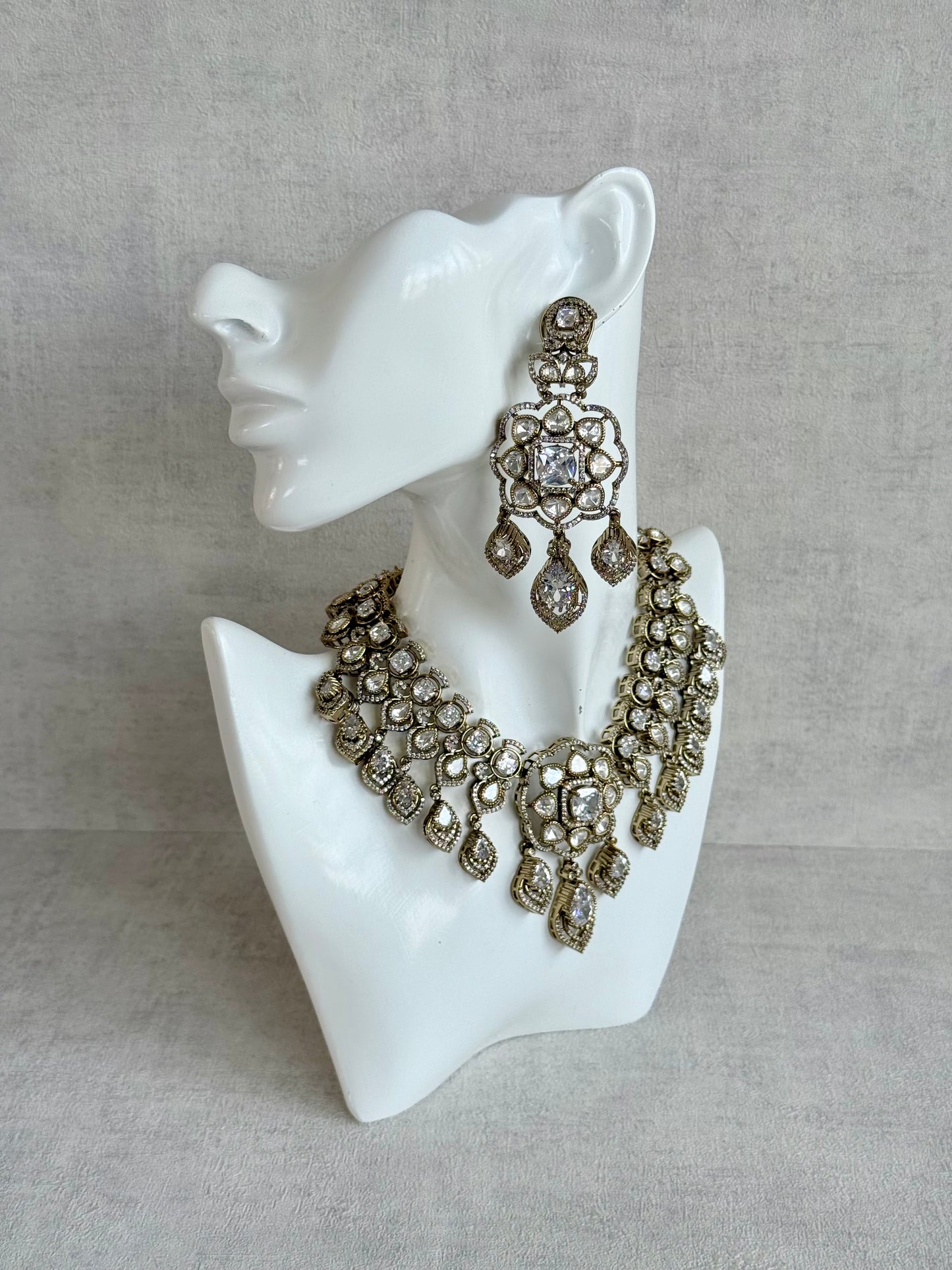 Ayura Designs Kiyah Bridal Set with Necklace, Earrings & Tikka – Moissanite Stones with Antique Gold Finish