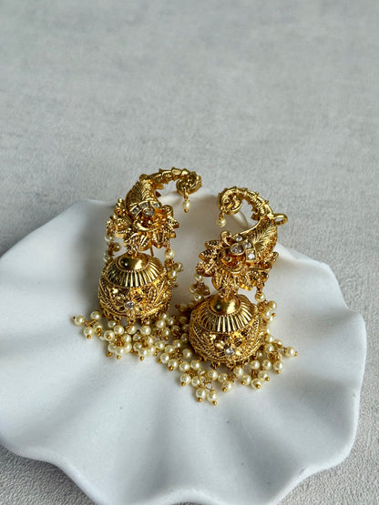 Ayura Designs Anika Jhumkis – Gold Half Ear Cuffs with Floral Motif, Kundan Crystals & Pearl Jhumka Drops