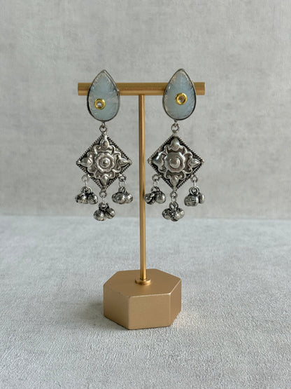 Ayura Designs Jiyana Collar Necklace Set – Dove Grey Carved Teardrop Stones & Oxidised Silver Finish