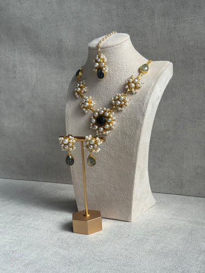 Ayura Designs Mireya Set with Earrings & Tikka – Pearls, Prehnite Drops & Antique Gold Finish