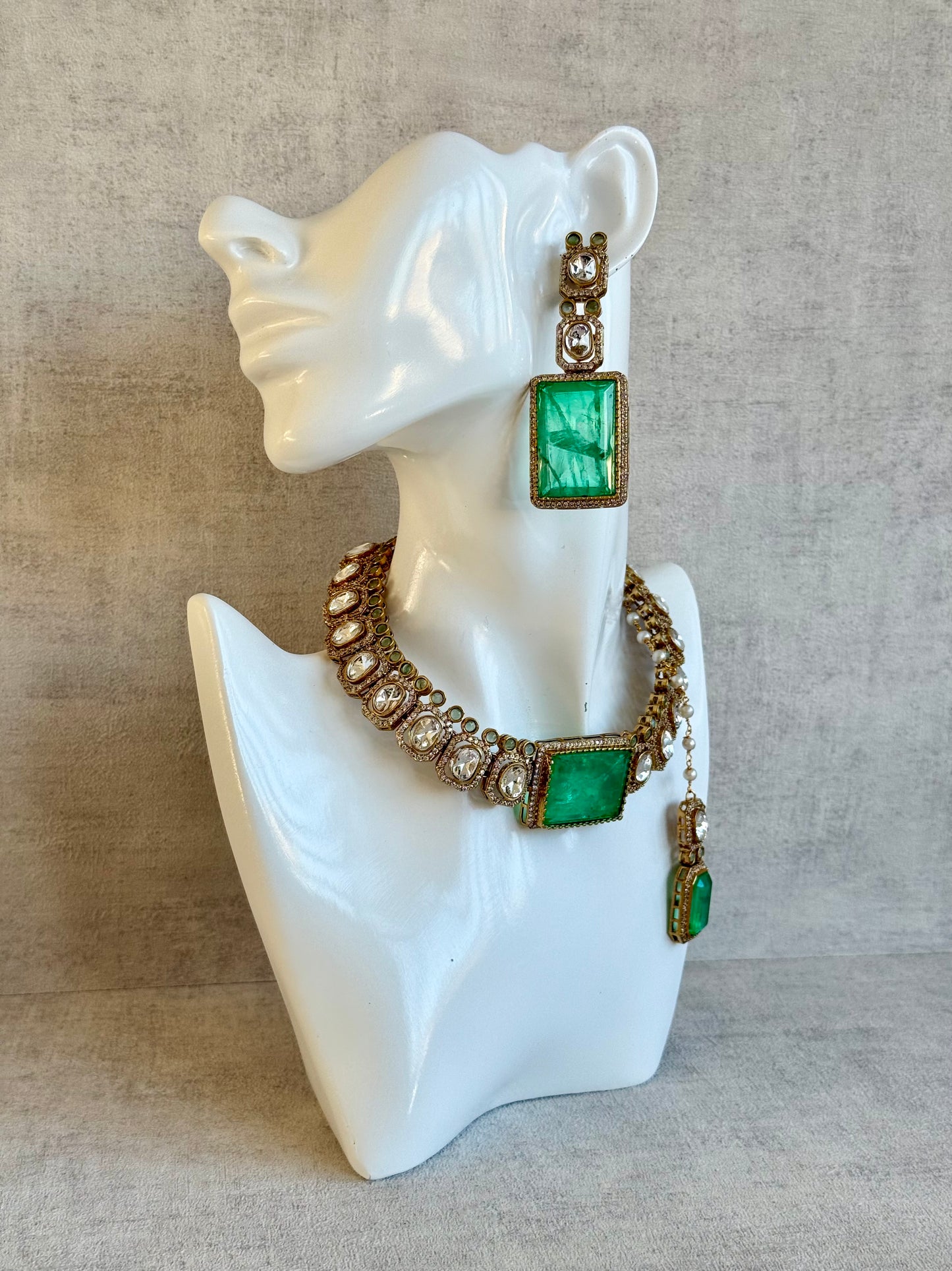 Ayura Designs Clara Set with Earrings & Tikka — Jade Green Moissanite Stones and Antique Gold Finish