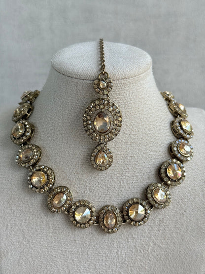 Ayura Designs Eira Necklace Set with Earrings & Tikka – Champagne Gold Crystal Stones with Antique Gold Finish