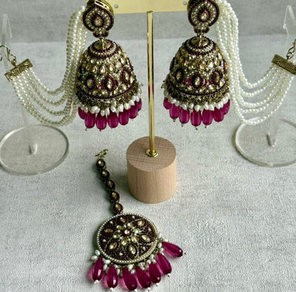 Ayura Designs Amrita Set – Jhumkis with Sahare & Tikka in Magenta, Pearls and Antique Gold Finish